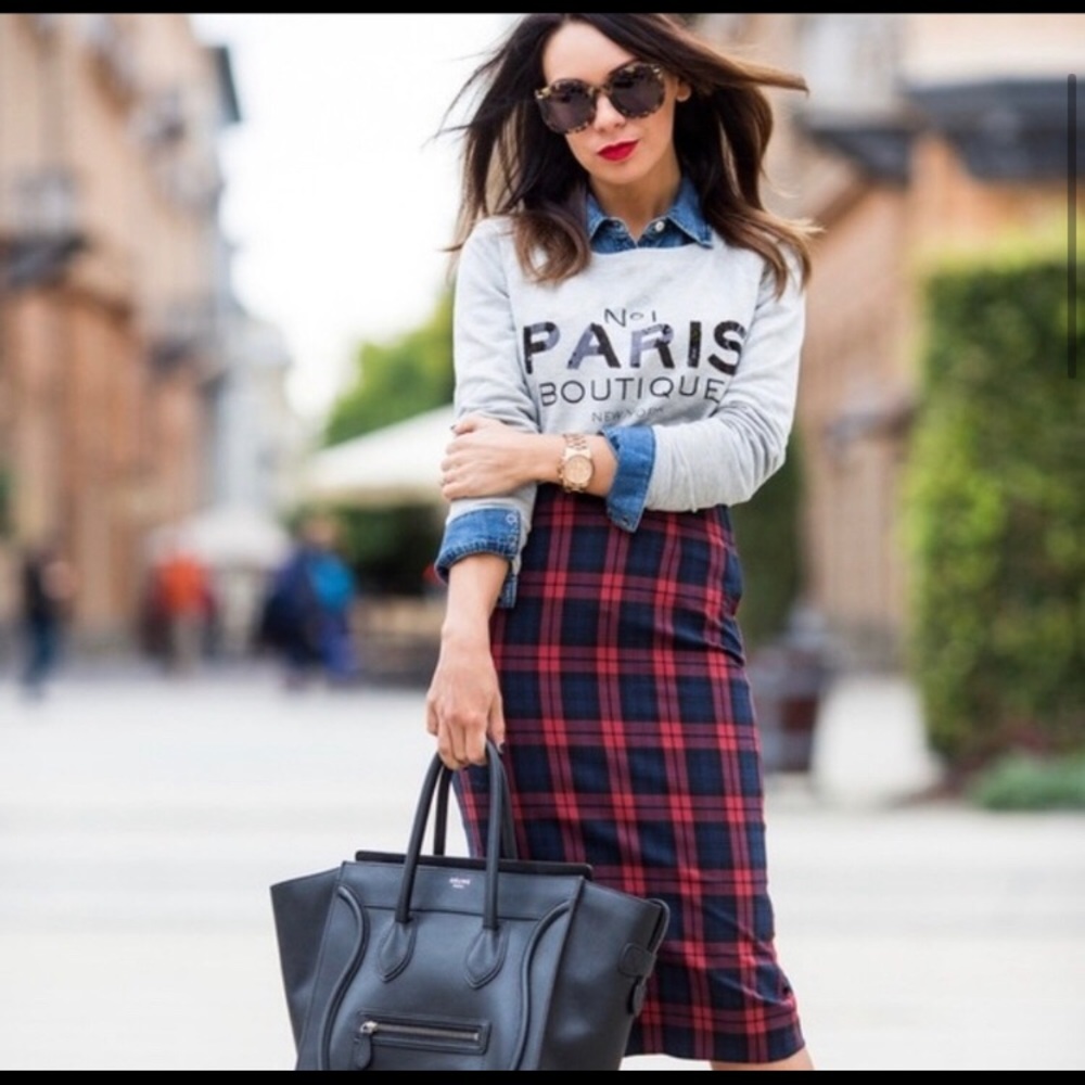 ZARA Plaid Pencil Midi Skirt Small Red Navy Black